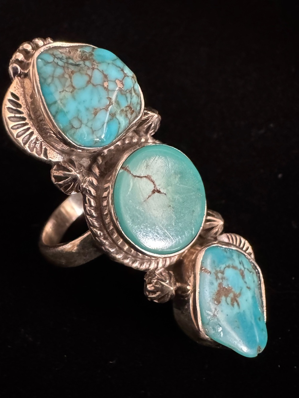 Turquoise Triple Stone Sterling Silver Ring - Blue Turquoise - Picture 2 of 8